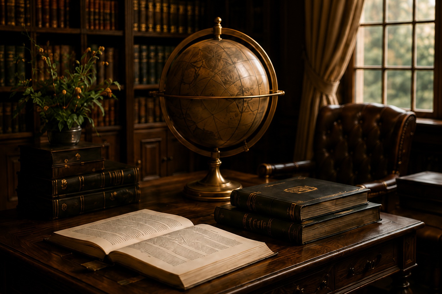 Classic library with an antique globe and open books